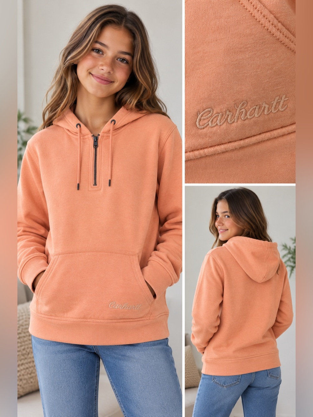 Carhartt Girls L 12-14 Peach 1/4 Zip Hoodie Embroidered Logo Kangaroo Pocket